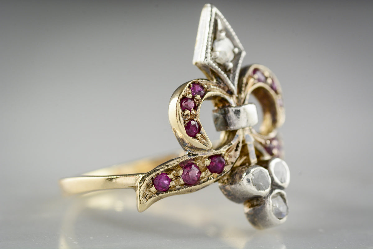 c. 1880s Victorian Gold, Silver, Diamond, and Ruby Fleur-Des-Lis Ring