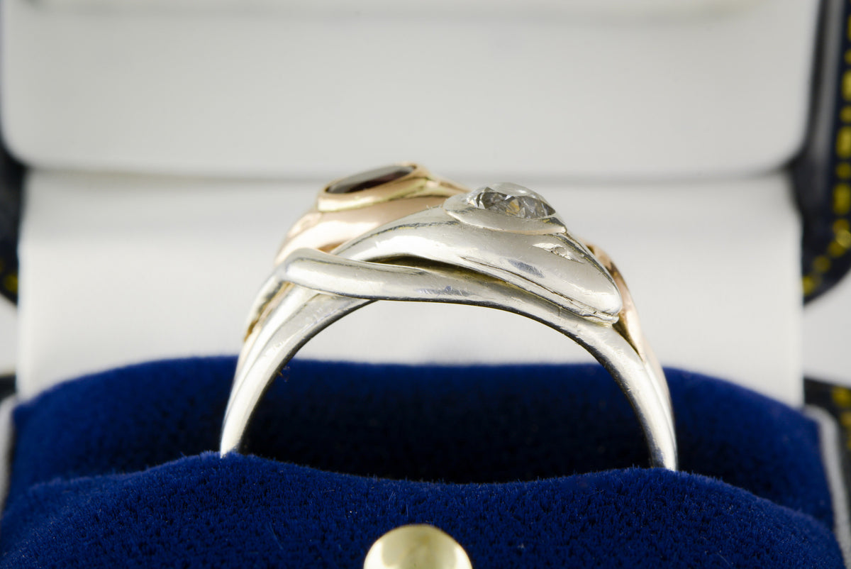 Victorian Mine Cut Diamond and Garnet, Platinum and Rose Gold Snake / Serpent Ring