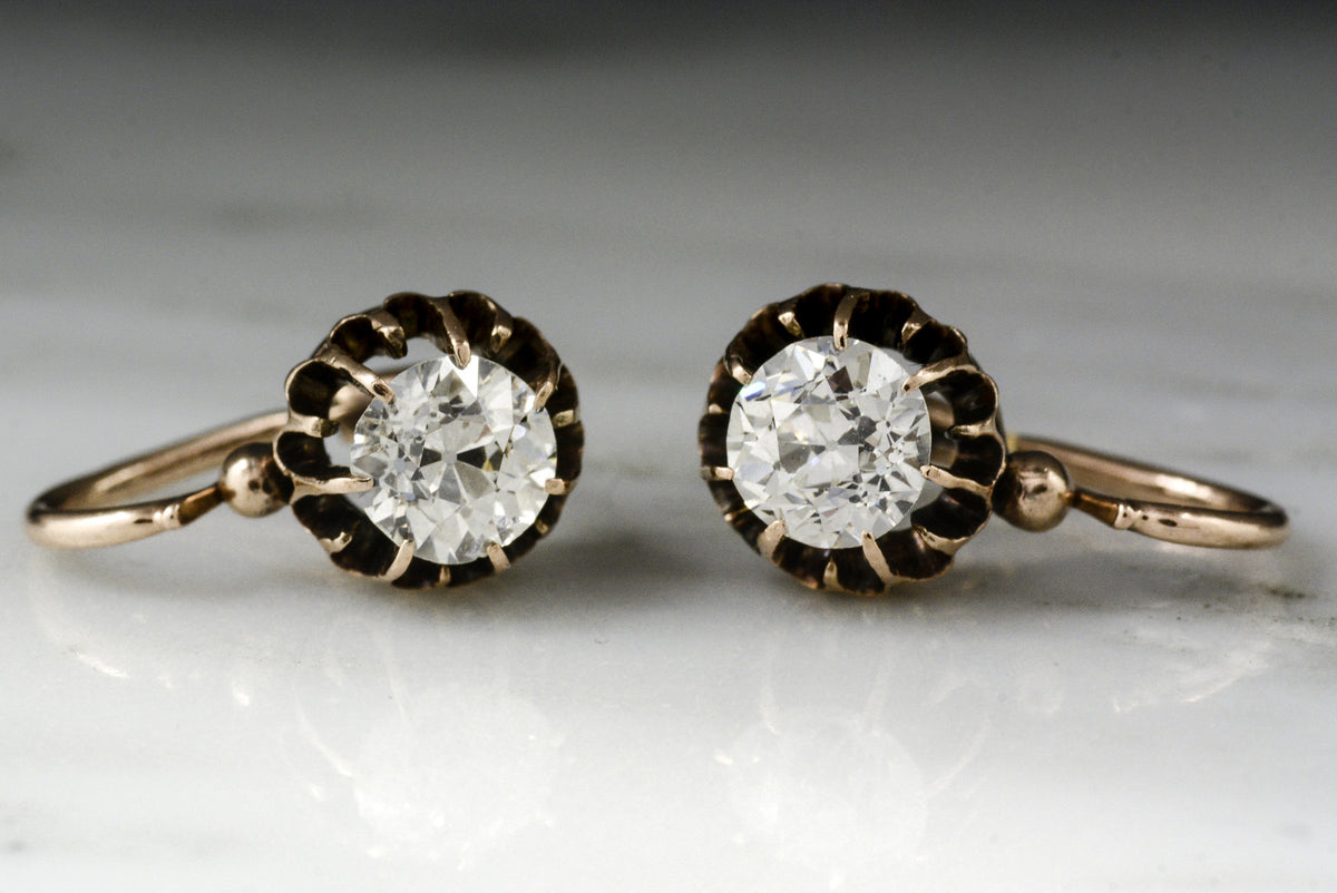 Antique Victorian Rose Gold Buttercup 1.60 ctw Old Mine Cut Diamond Dangle Earrings