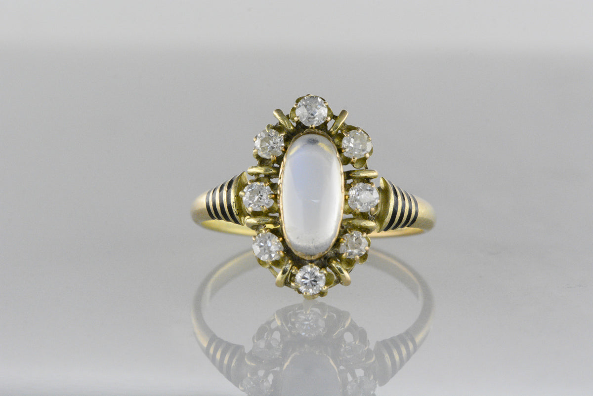 Victorian Moonstone Engagement or Anniversary Ring in Rose-Yellow Gold with Diamond Halo and Black Enamel Banding