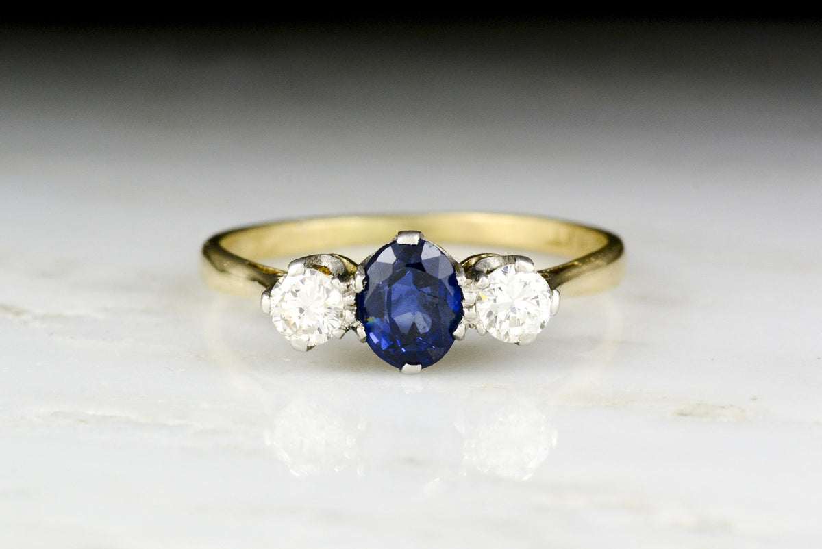Vintage c. 1940 Retro / Victorian Revival Gold, Platinum, Sapphire, and Diamond Three-Stone Ring