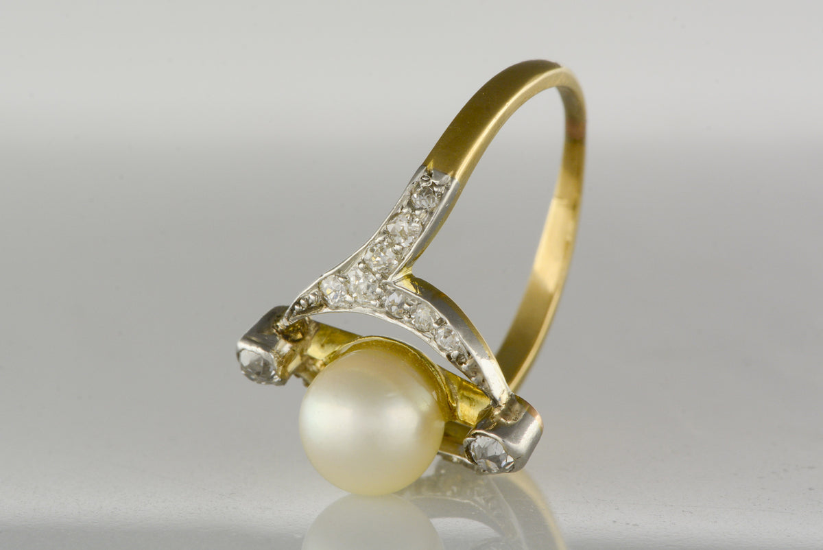 Art Deco / Victorian Revival Pearl and Diamond Cocktail Anniversary Ring