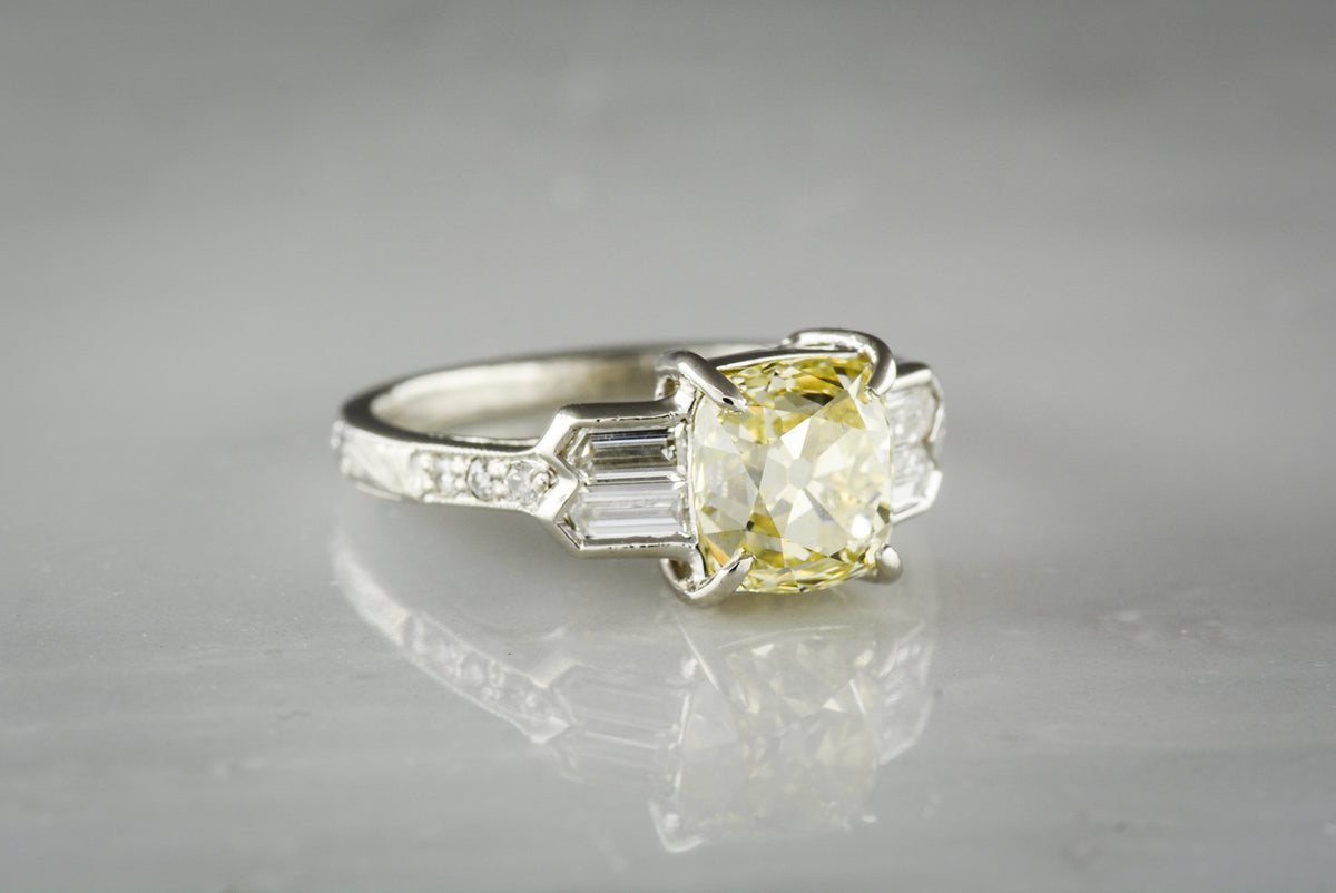 2.06 Carat GIA Old Mine Cut Fancy Light Yellow Diamond in Platinum Art Deco / Retro Revival Engagement Ring