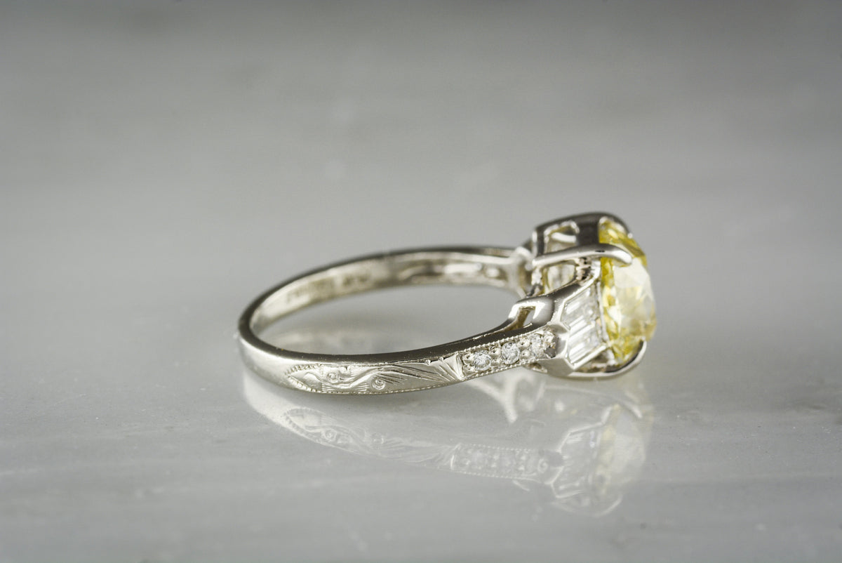 2.06 Carat GIA Old Mine Cut Fancy Light Yellow Diamond in Platinum Art Deco / Retro Revival Engagement Ring