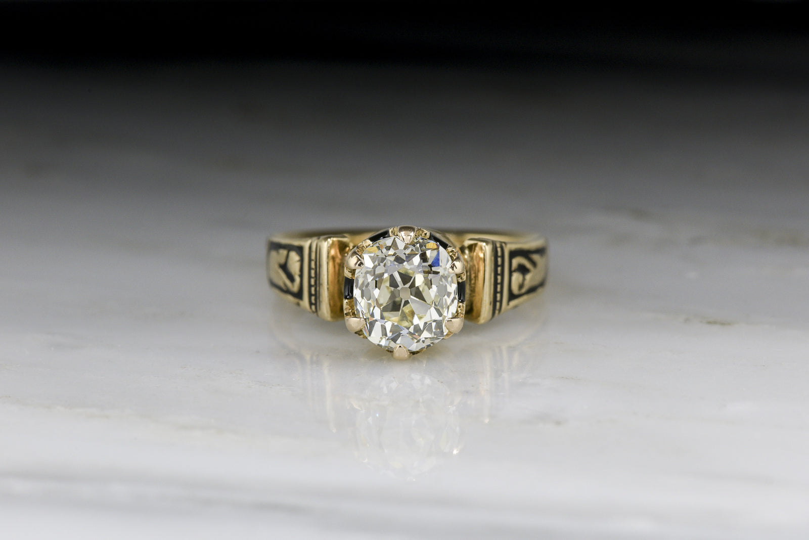 Antique Victorian GIA Certified Old Mine Cushion Cut Diamond Engagement Ring with Black Enamel
