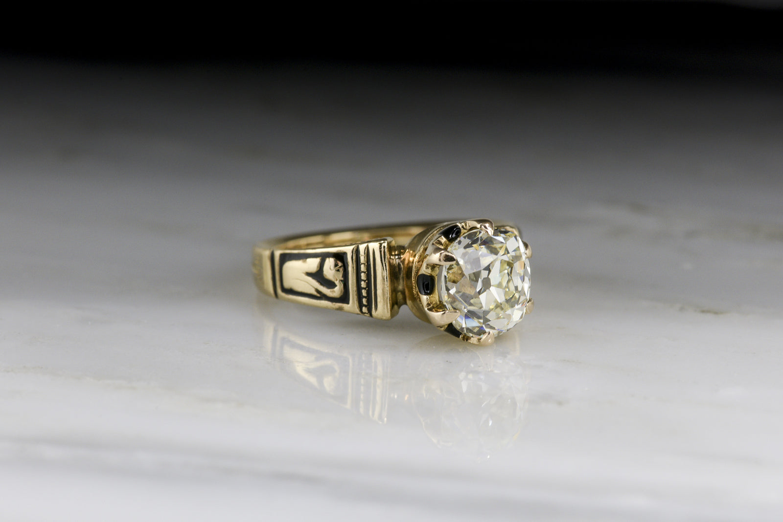 Antique Victorian GIA Certified Old Mine Cushion Cut Diamond Engagement Ring with Black Enamel