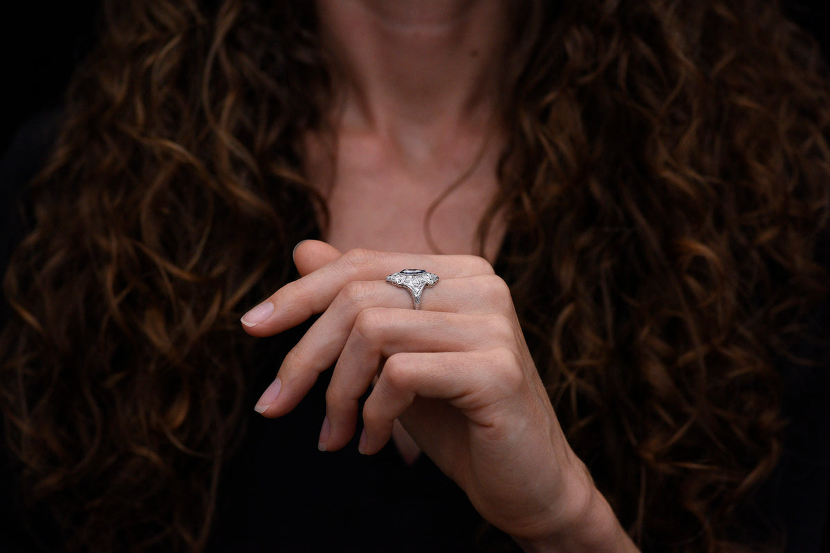 Ornate Art Deco Platinum, Diamond, and Sapphire Dinner Ring