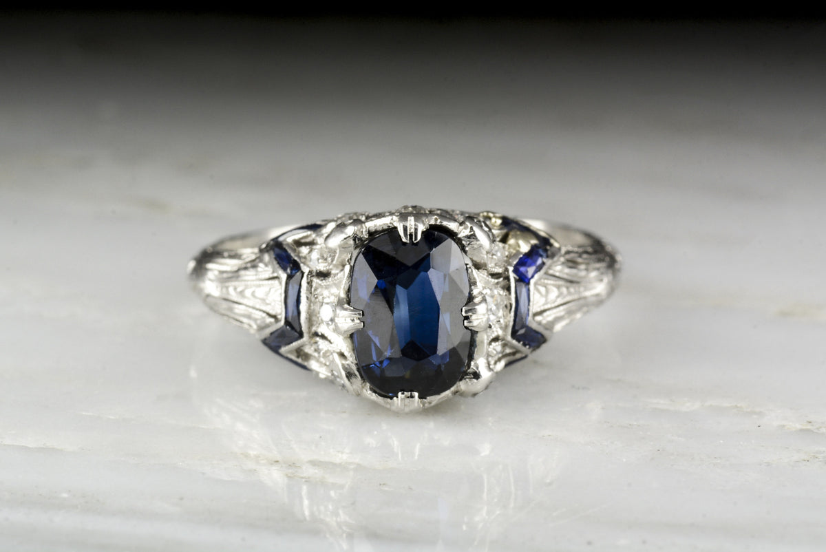Antique Edwardian / Art Deco Oval Cushion Cut Sapphire and Diamond Engagement Ring