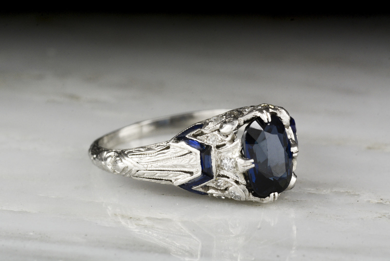 Antique Edwardian / Art Deco Oval Cushion Cut Sapphire and Diamond Engagement Ring