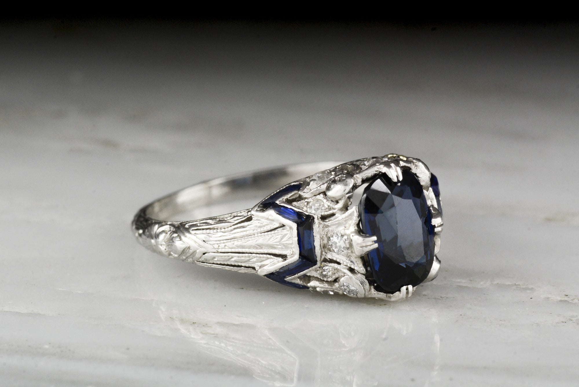 Antique Edwardian / Art Deco Oval Cushion Cut Sapphire and Diamond Engagement Ring