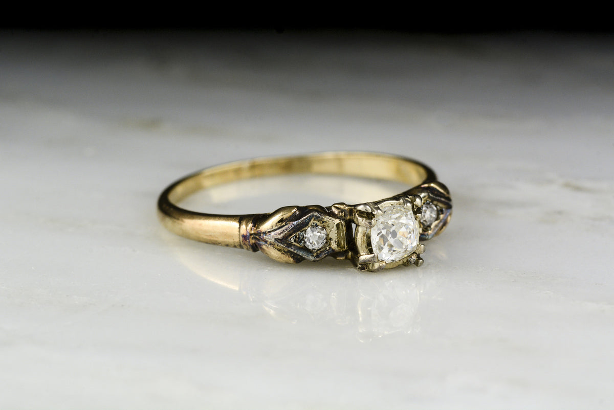Vintage c. 1940 Retro/Victorian Revival Rose and White Gold Engagement Ring with Old Mine Cut Diamond Center
