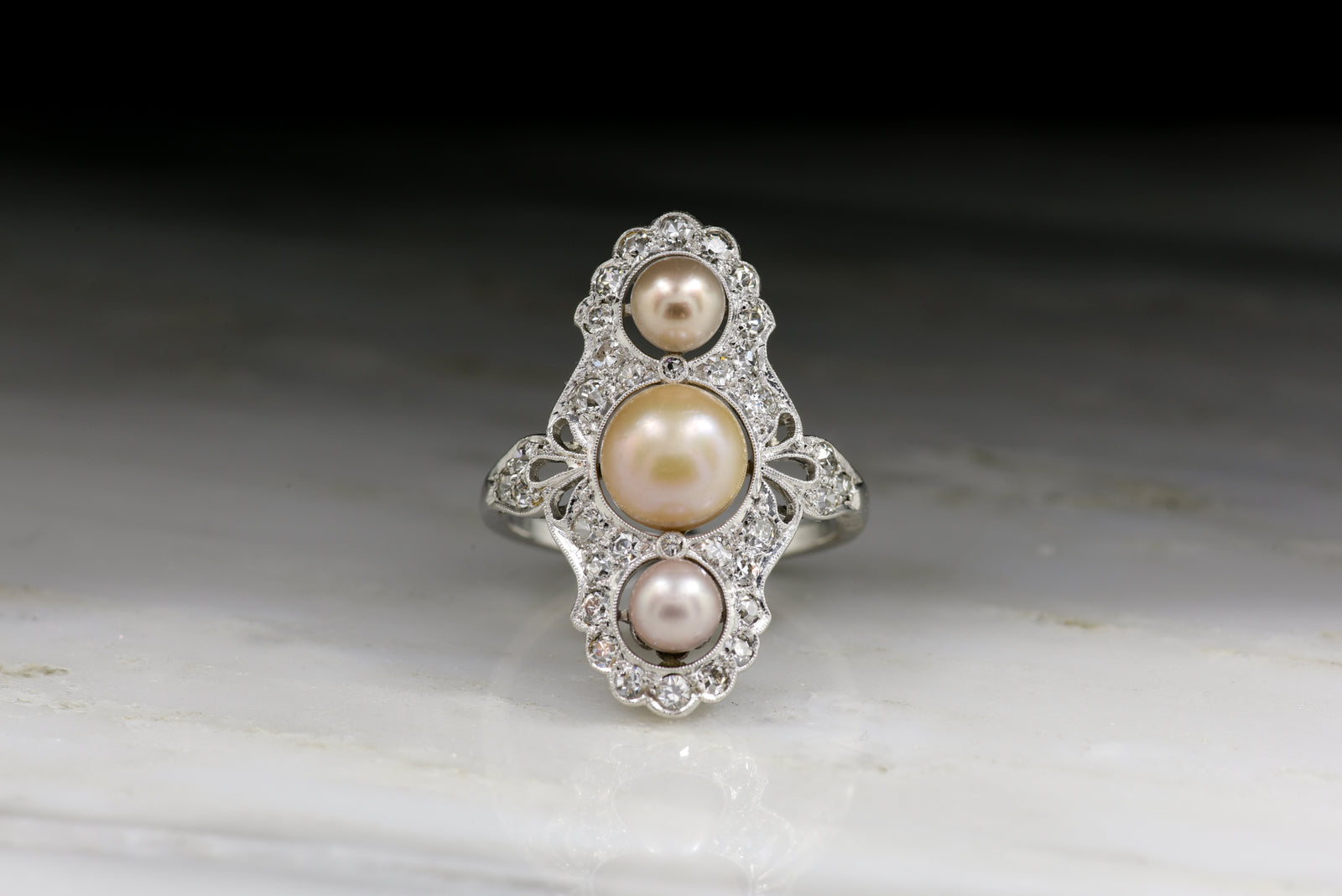 Vintage Edwardian Old European Cut Diamond and Pearl Cocktail Ring
