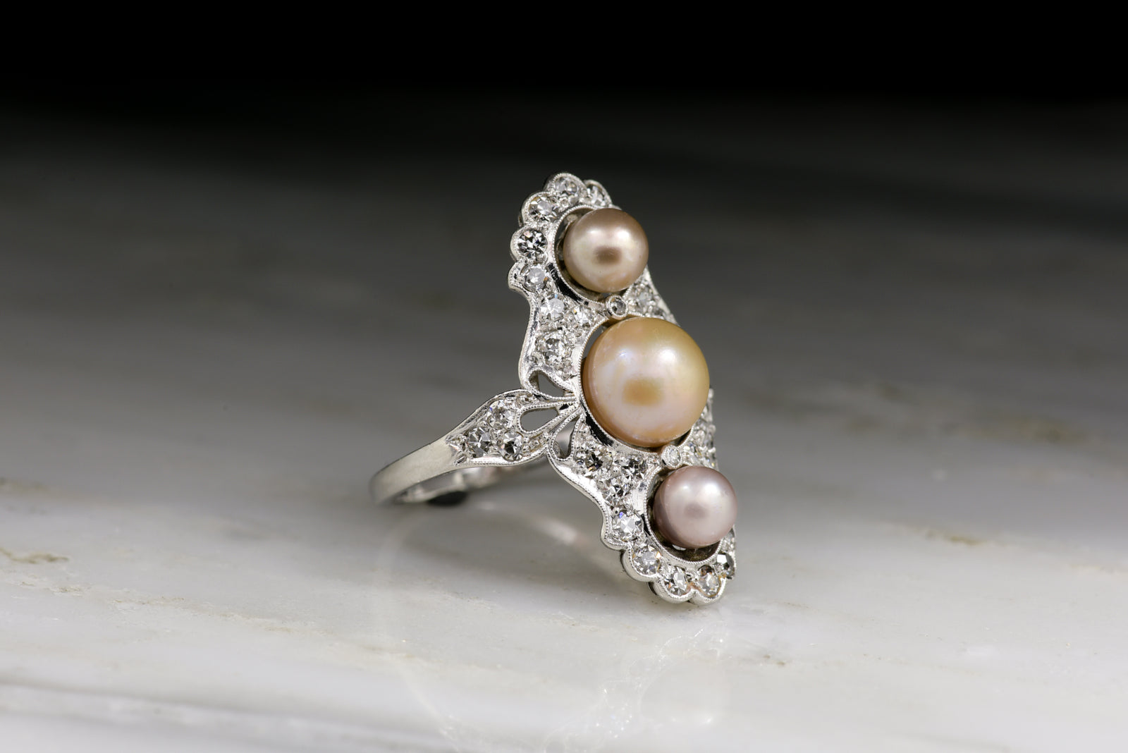 Vintage Edwardian Old European Cut Diamond and Pearl Cocktail Ring