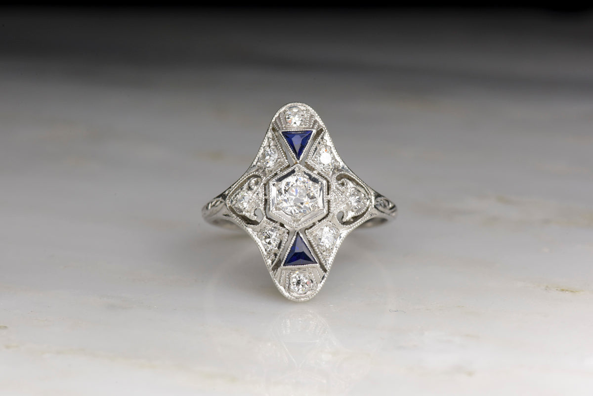 1930s Art Deco Dinner Ring with Diamonds and Sapphires