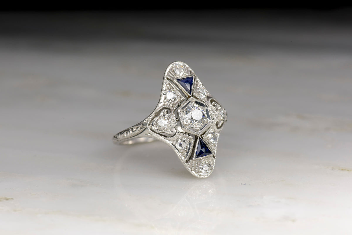 1930s Art Deco Dinner Ring with Diamonds and Sapphires