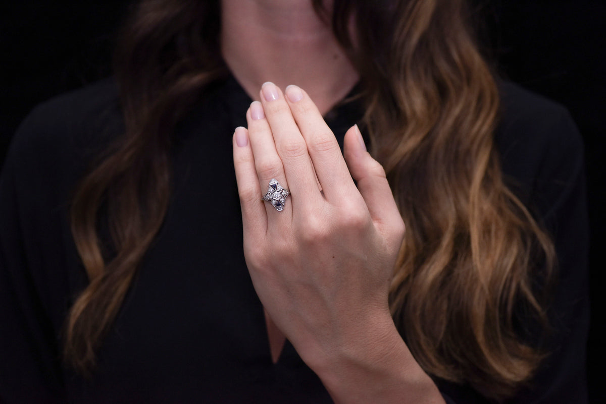 1930s Art Deco Dinner Ring with Diamonds and Sapphires