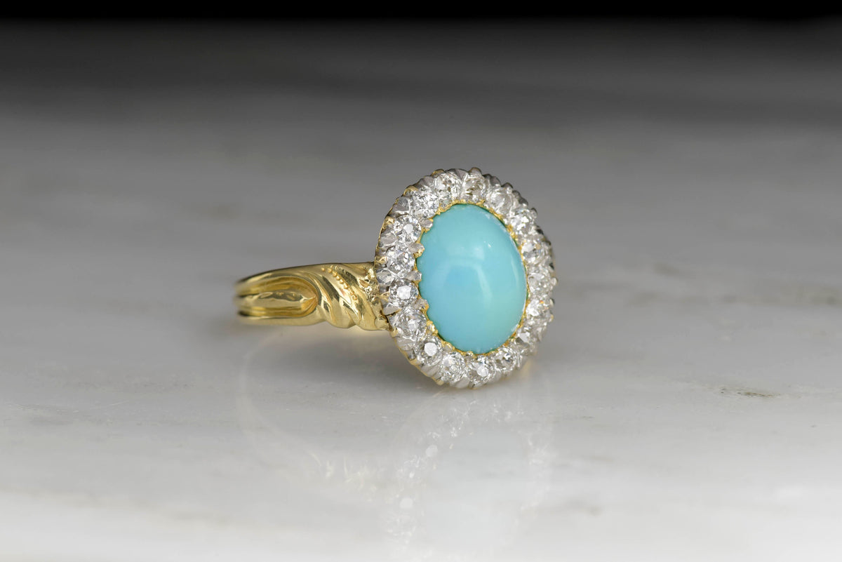 Victorian Antique Mixed-Cut Diamond Halo with a Cabochon Cut Natural Turquoise