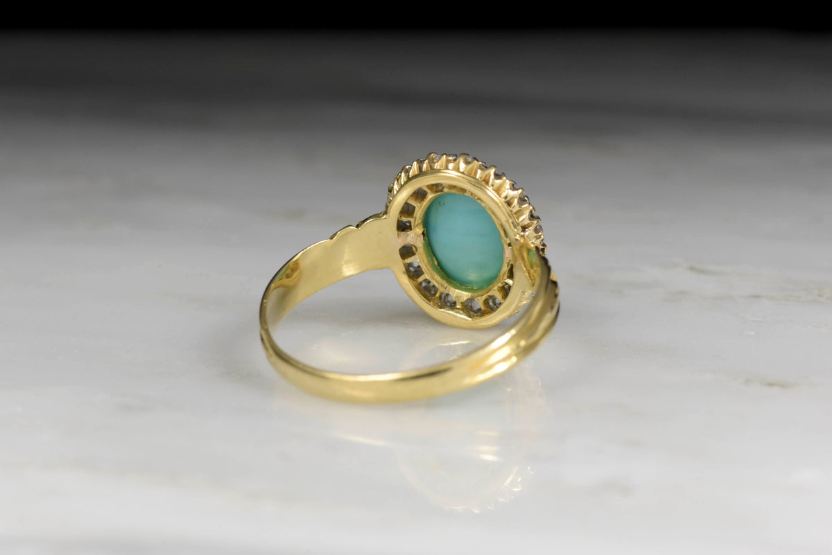 Victorian Antique Mixed-Cut Diamond Halo with a Cabochon Cut Natural Turquoise
