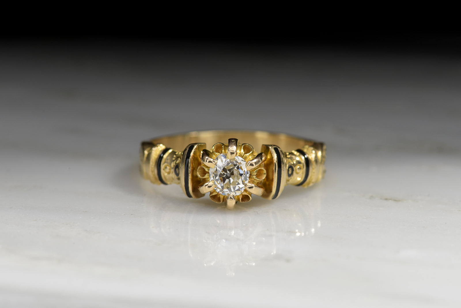 Antique Victorian Old Mine Cut Diamond Black Enamel Engagement Ring