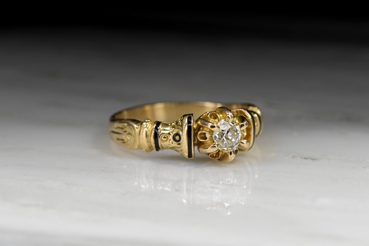 Victorian Ornate Gold and Black Enamel Ring with an Old Mine Cut Diamond Center