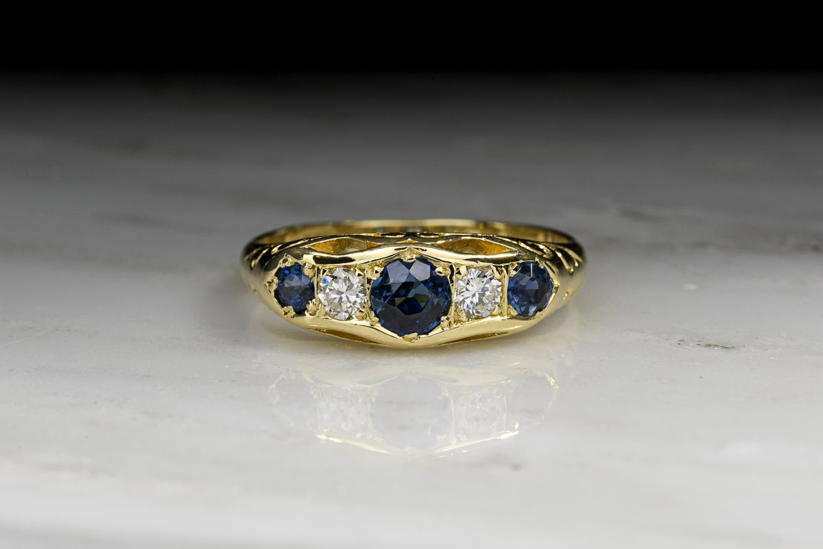 Vintage Victorian Revival Diamond and Blue Sapphire Wedding Band or Engagement Ring