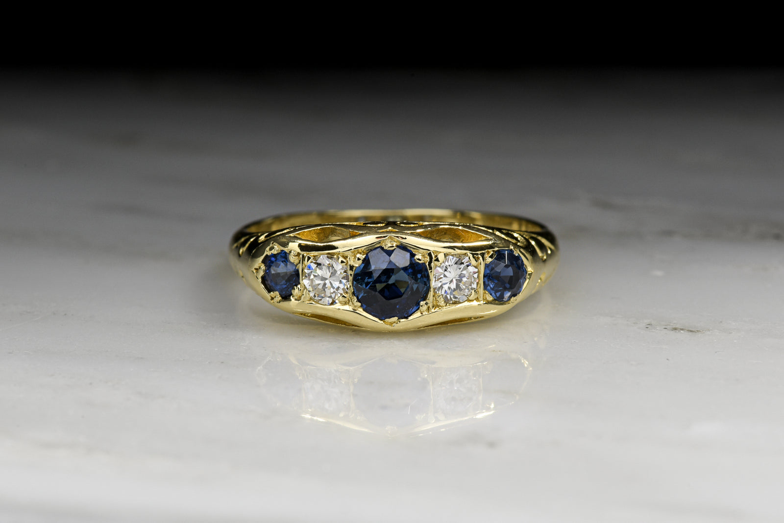 Vintage Victorian Revival Diamond and Blue Sapphire Wedding Band or Engagement Ring