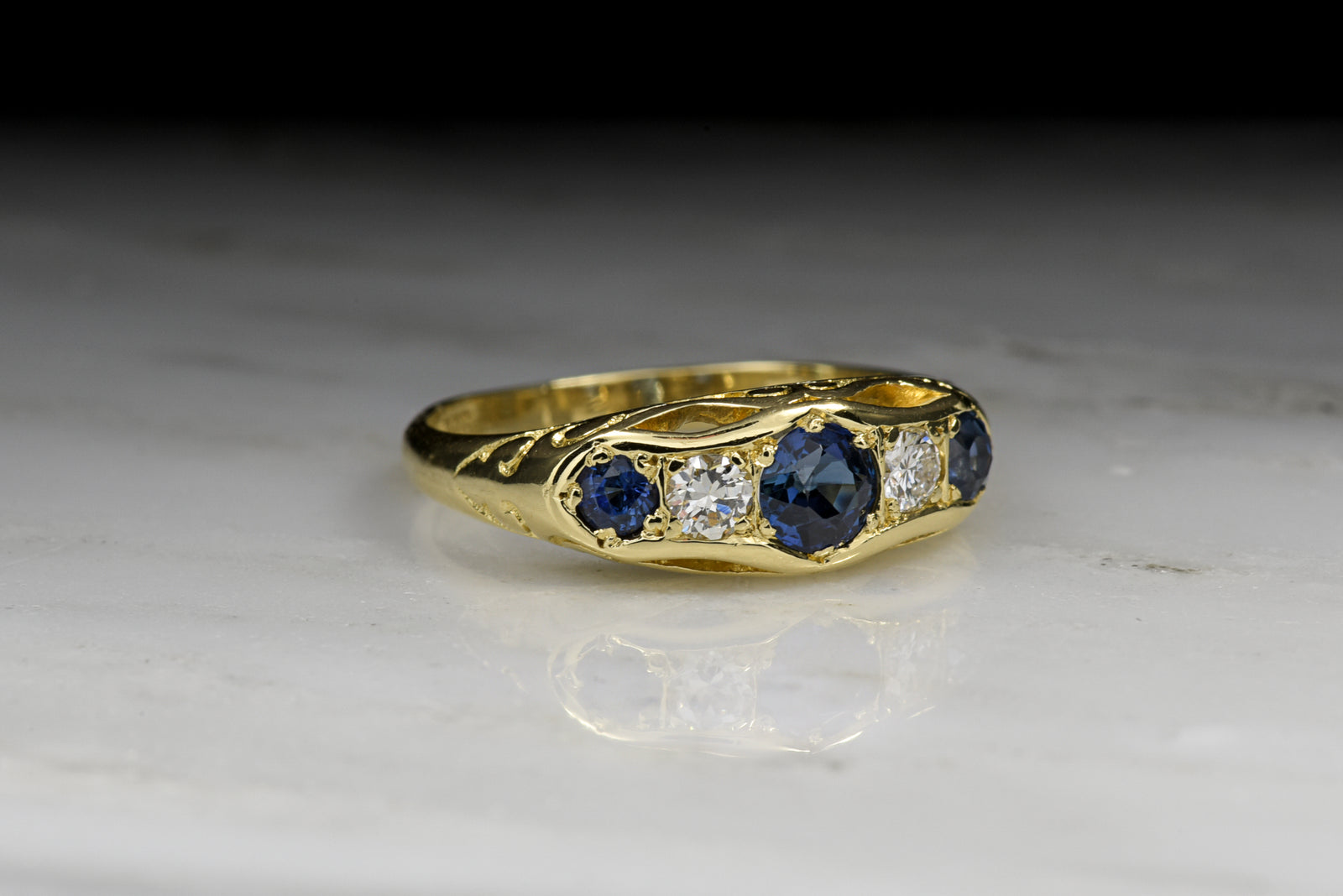 Vintage Victorian Revival Diamond and Blue Sapphire Wedding Band or Engagement Ring