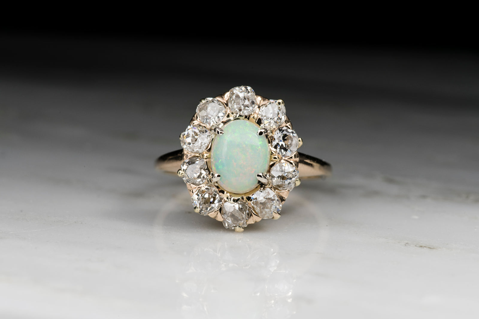 Antique Victorian Cabochon Cut Opal and Old Mine Cut Diamond Cluster Engagement Ring
