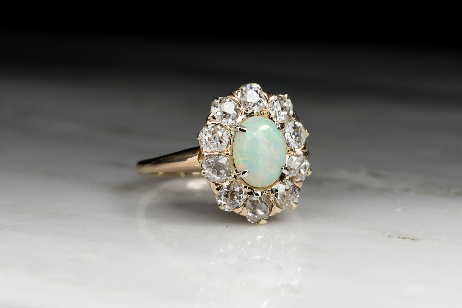 Antique Victorian Cabochon Cut Opal and Old Mine Cut Diamond Cluster Engagement Ring