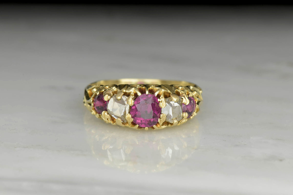 Rare Table Cut Diamond and Ruby Ring with Art Nouveau Shoulders