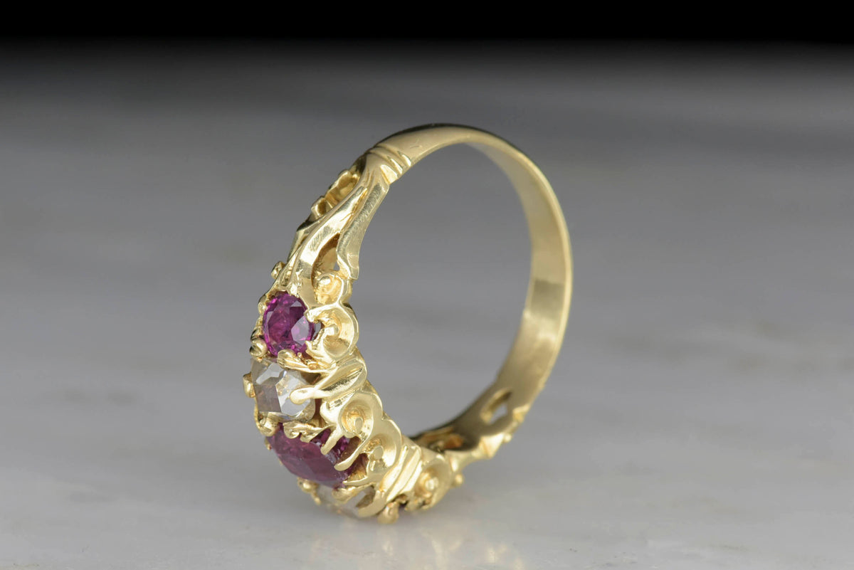 Rare Table Cut Diamond and Ruby Ring with Art Nouveau Shoulders