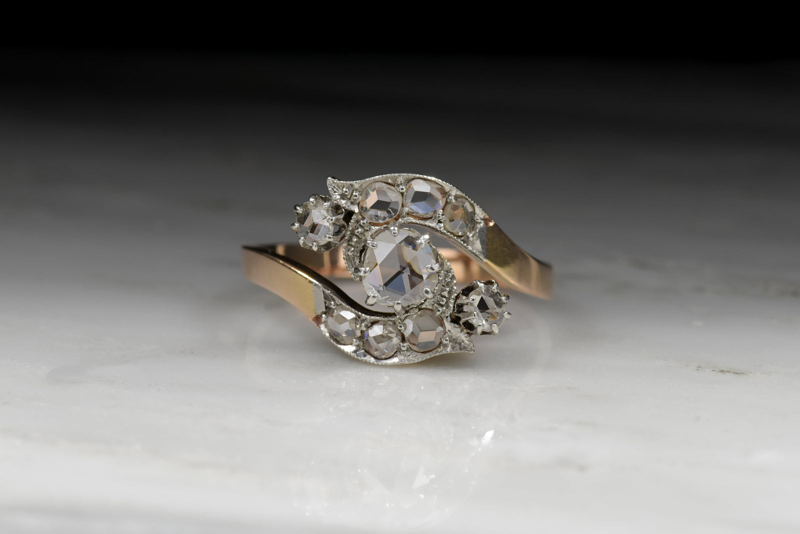 Vintage Women's Victorian Rose Cut Diamond Bypass Ring in 18K Rose Gold