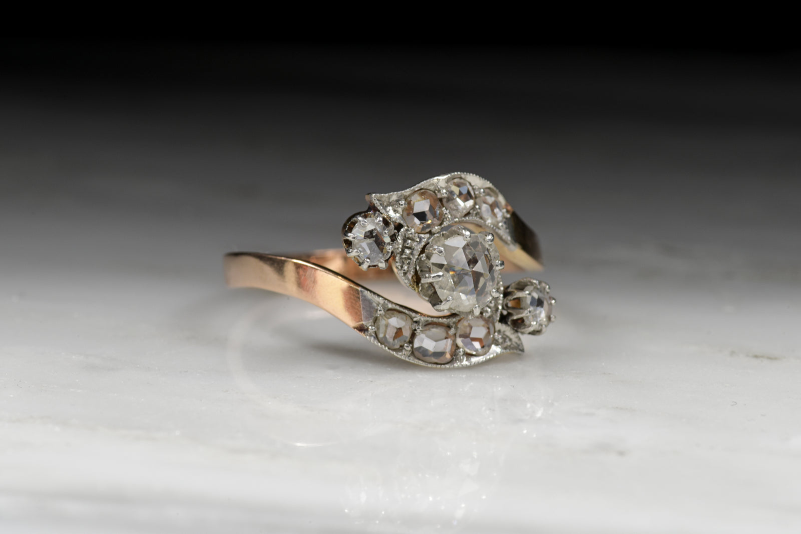 Vintage Women's Victorian Rose Cut Diamond Bypass Ring in 18K Rose Gold