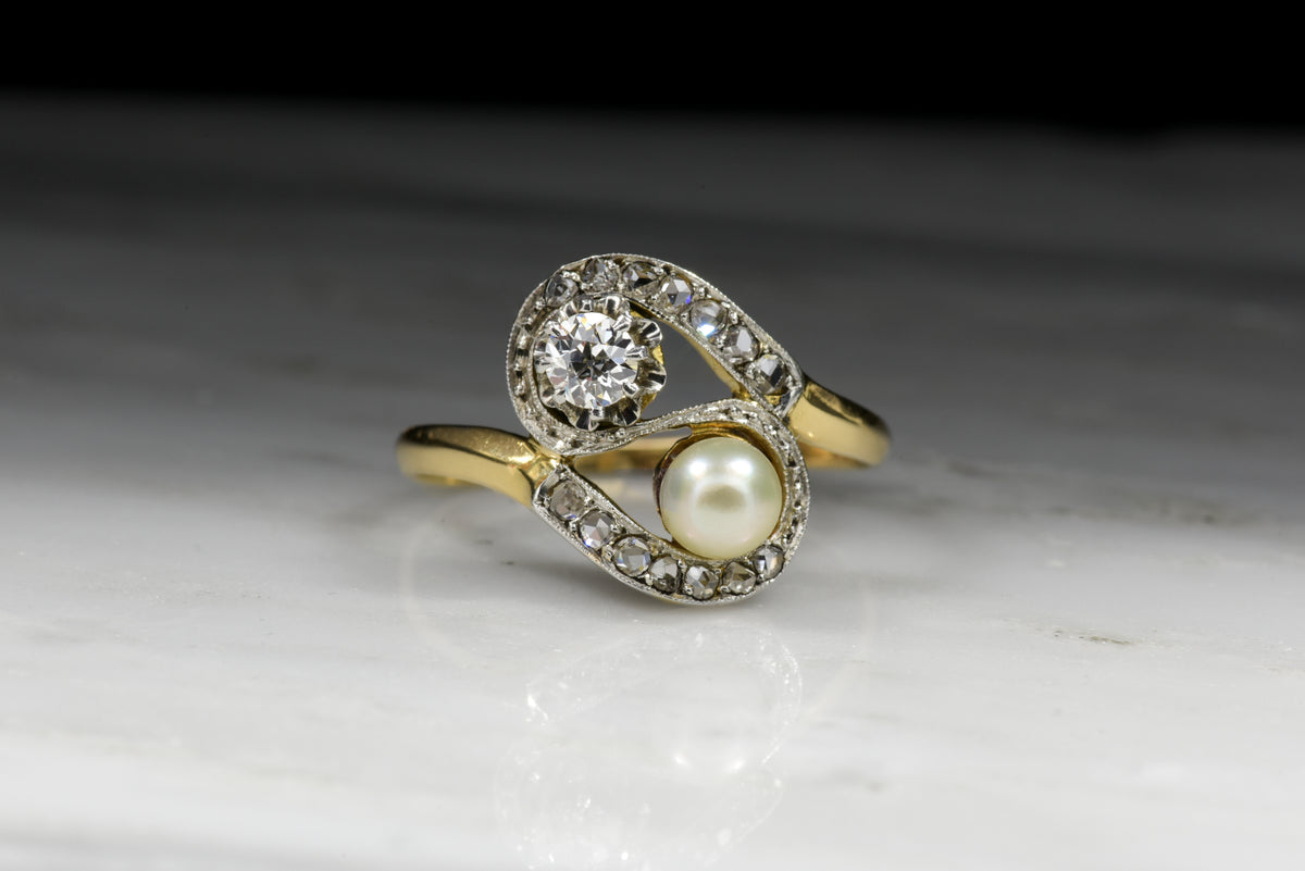 Antique Women&#39;s Victorian Old European Cut Diamond and Pearl Bypass Ring