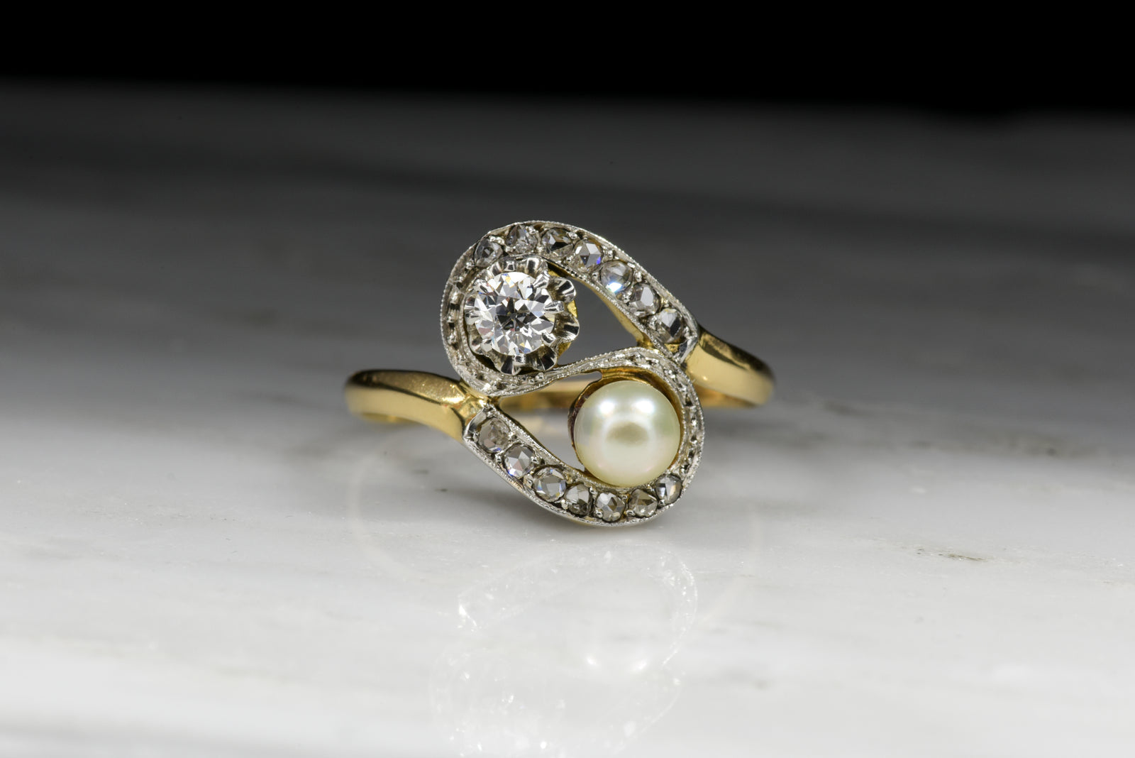 Antique Women's Victorian Old European Cut Diamond and Pearl Bypass Ring