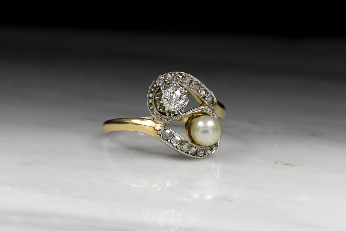 Antique Women&#39;s Victorian Old European Cut Diamond and Pearl Bypass Ring