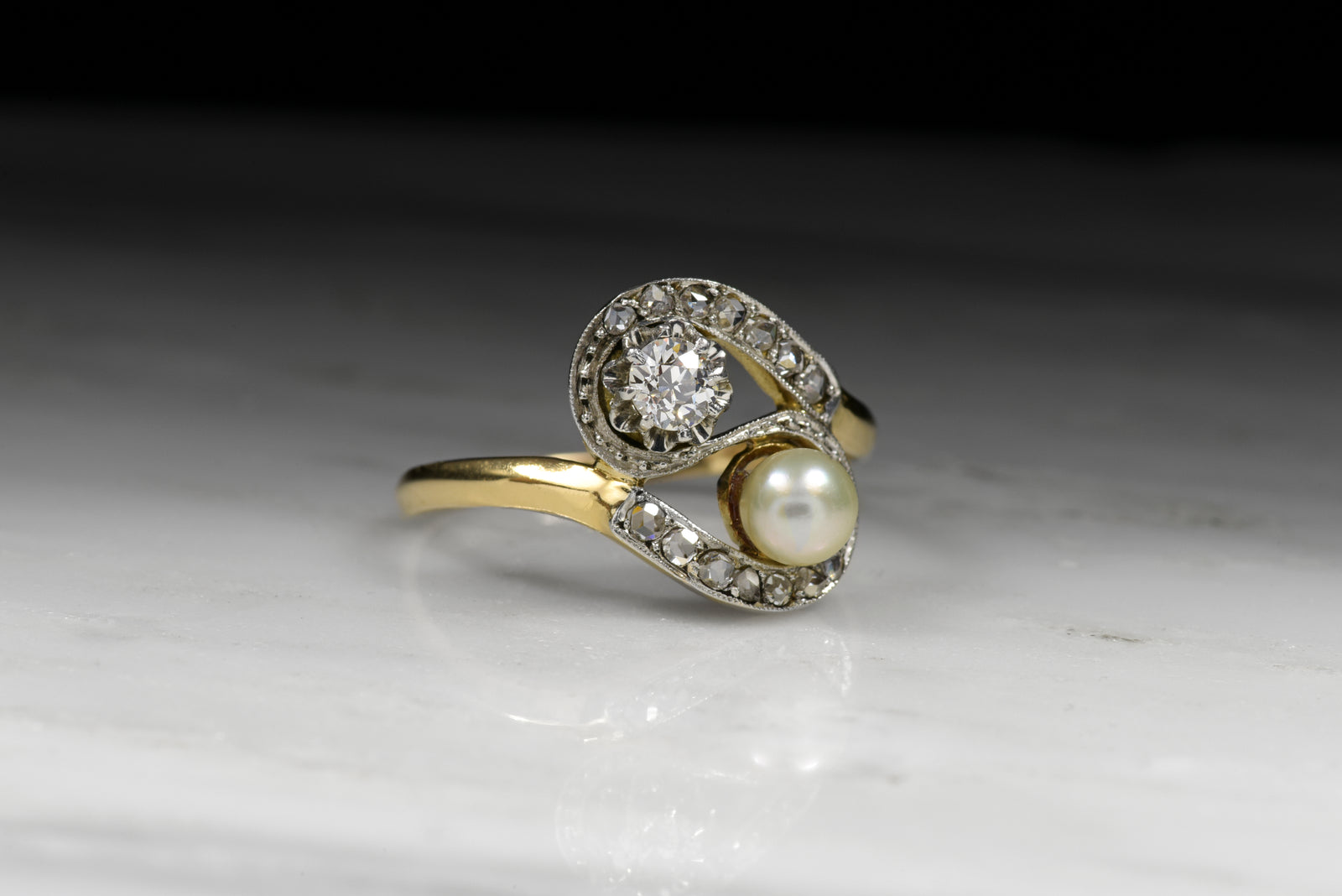 Antique Women's Victorian Old European Cut Diamond and Pearl Bypass Ring