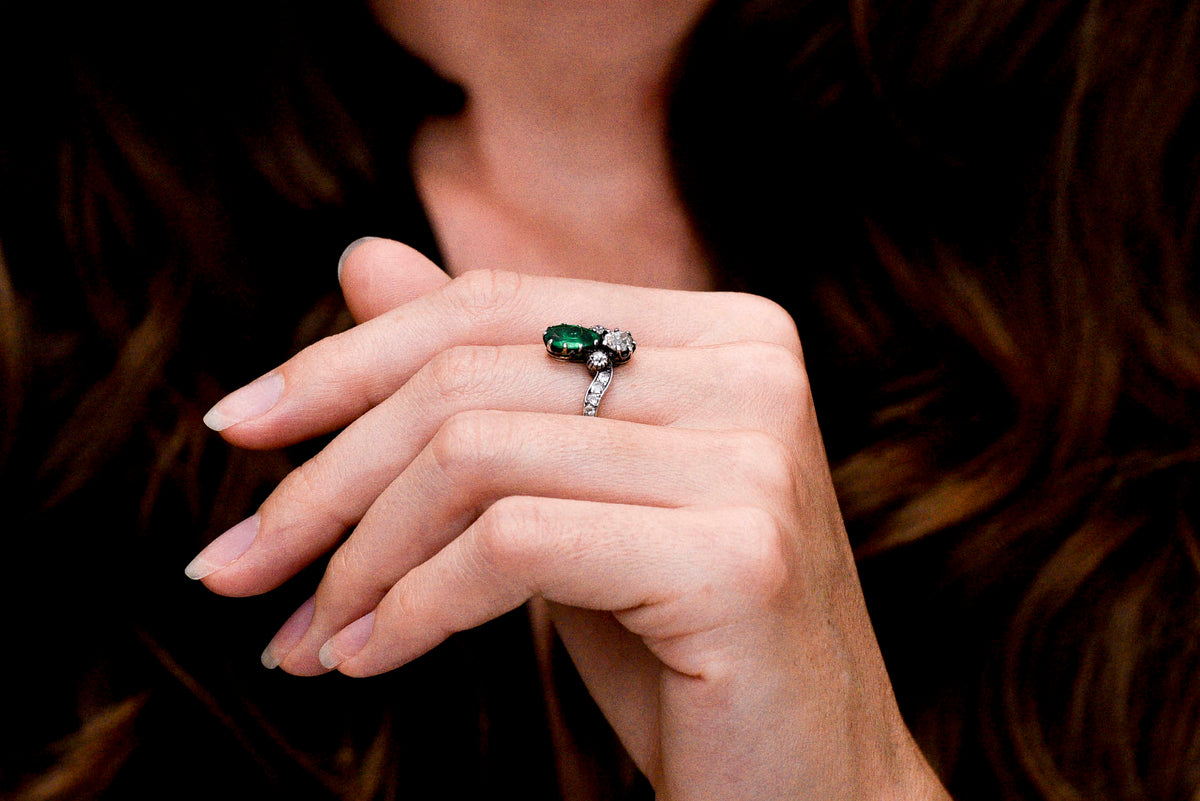 Victorian Pear Cut Emerald and Old Mine Cut Diamond Tiara Ring