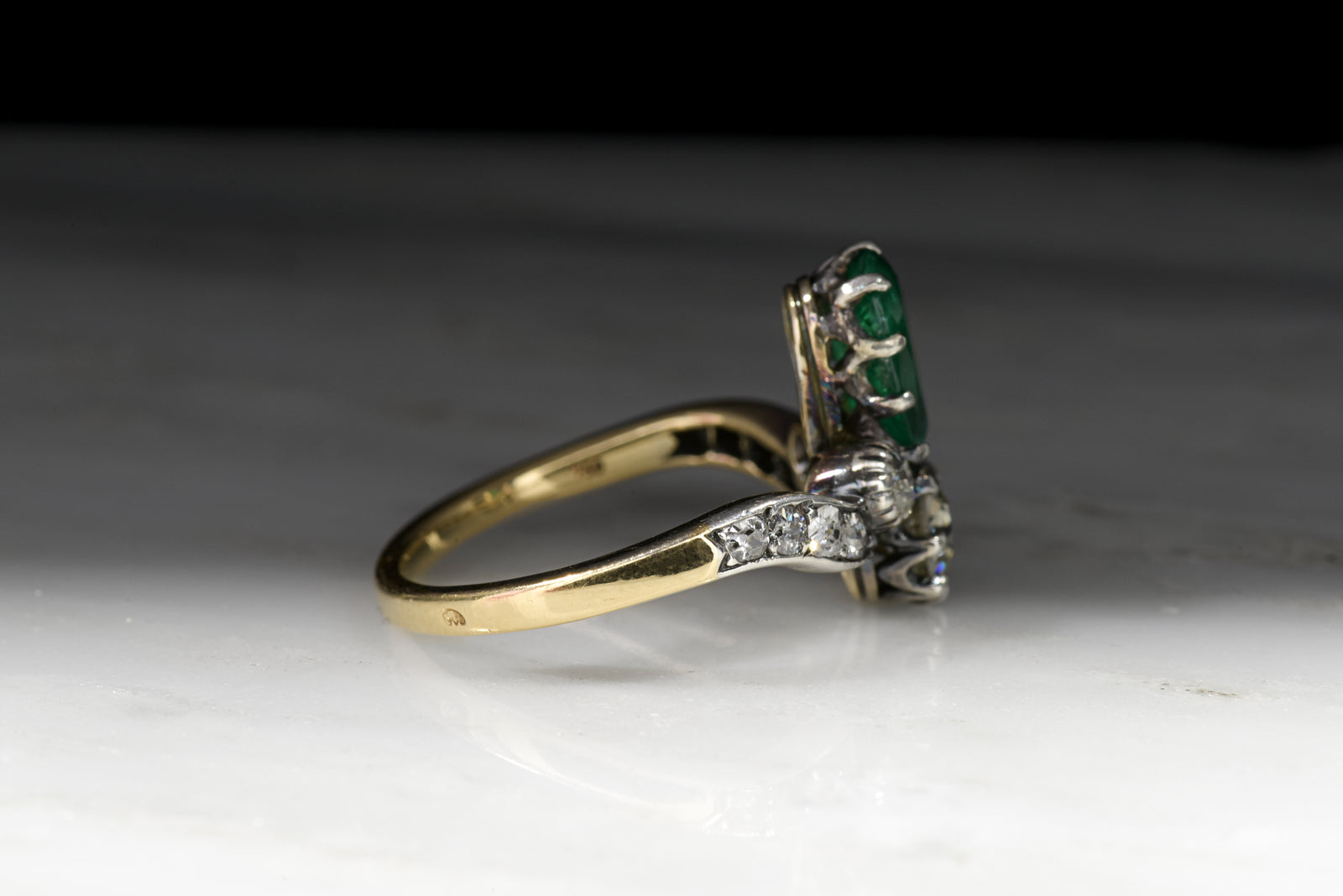 Antique Women's Tiara Ring: Pear Cut Emerald and Old Mine Cut Diamonds