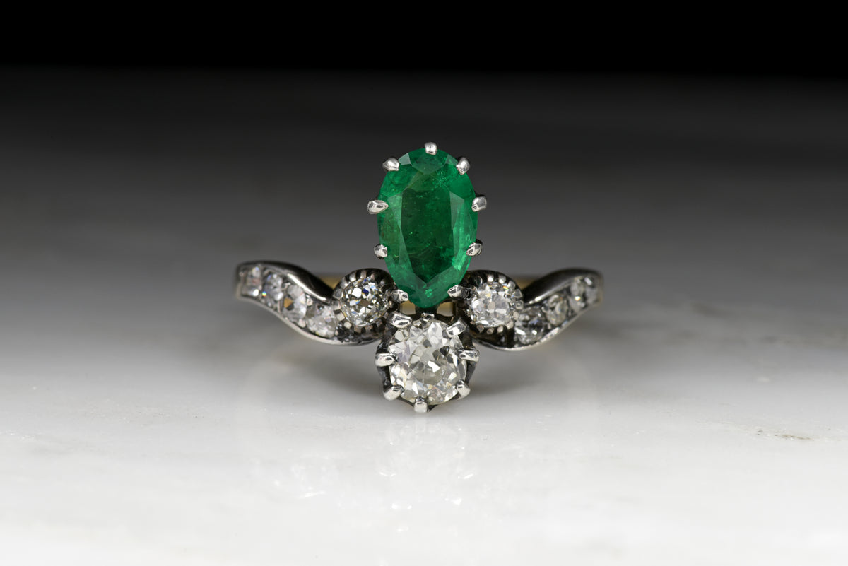 Antique Women&#39;s Tiara Ring: Pear Cut Emerald and Old Mine Cut Diamonds