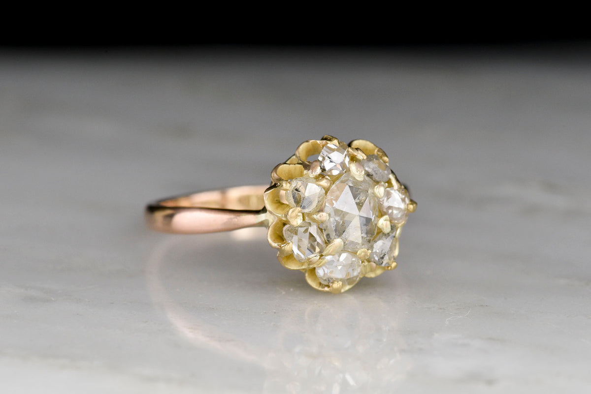 Mid-1800s Antique Rose Cut Diamond Two-Toned Gold Cluster Ring