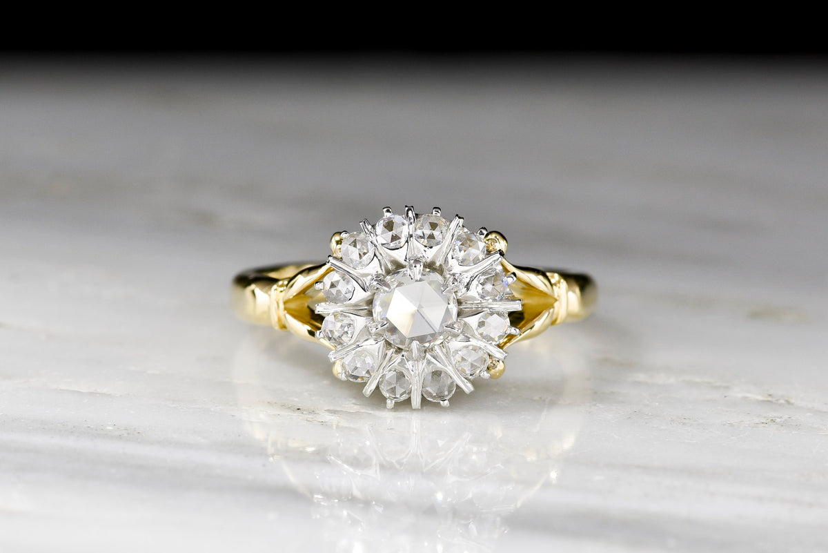 c. 1910s-Revival Split Shank Rose Cut Diamond Cluster Ring in Gold and Platinum