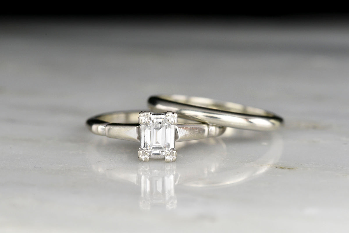 Vintage Midcentury Emerald Cut Diamond Engagement Ring and Wedding Band Set