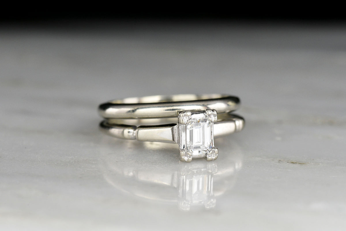 Vintage Midcentury Emerald Cut Diamond Engagement Ring and Wedding Band Set