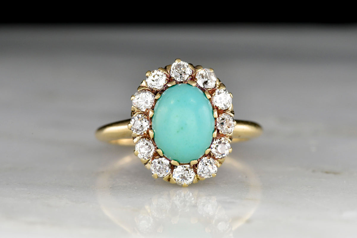 Victorian Old Mine and Swiss Cut Diamond Cluster Ring with a Cabochon Cut Turquoise Center