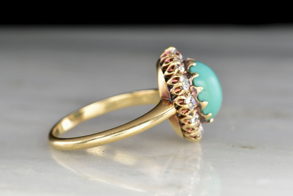 Victorian Old Mine and Swiss Cut Diamond Cluster Ring with a Cabochon Cut Turquoise Center