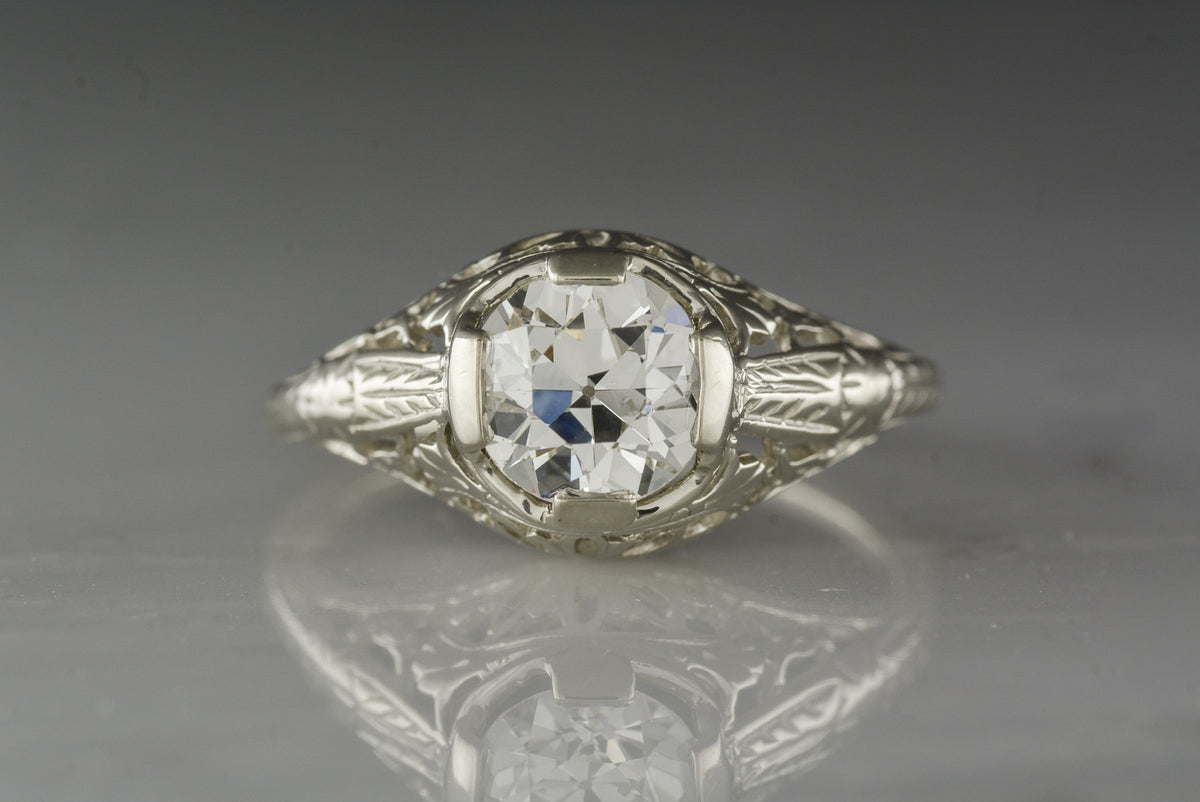 1.10 Carat Old European Cut Diamond in White Gold Edwardian / Art Deco Engagement Ring