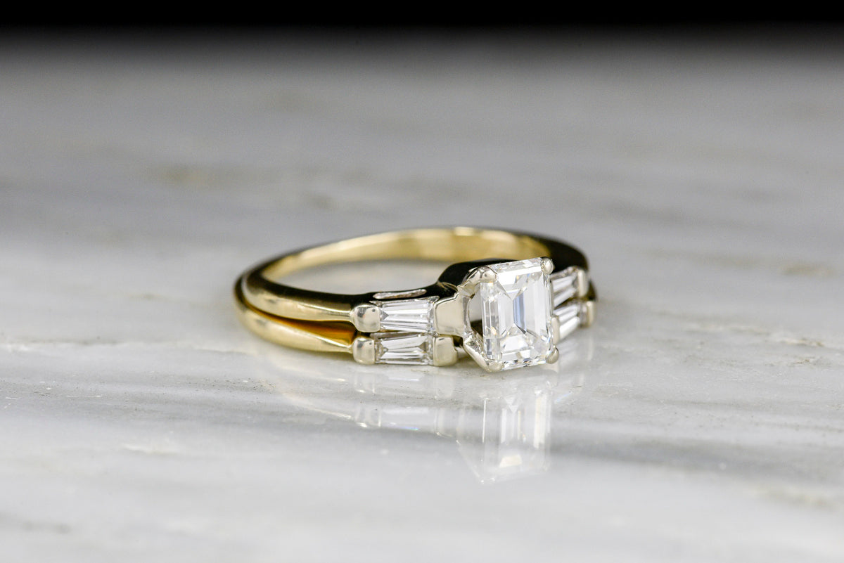 Vintage Midcentury Yellow and White Gold Engagement Ring and Wedding Band Set