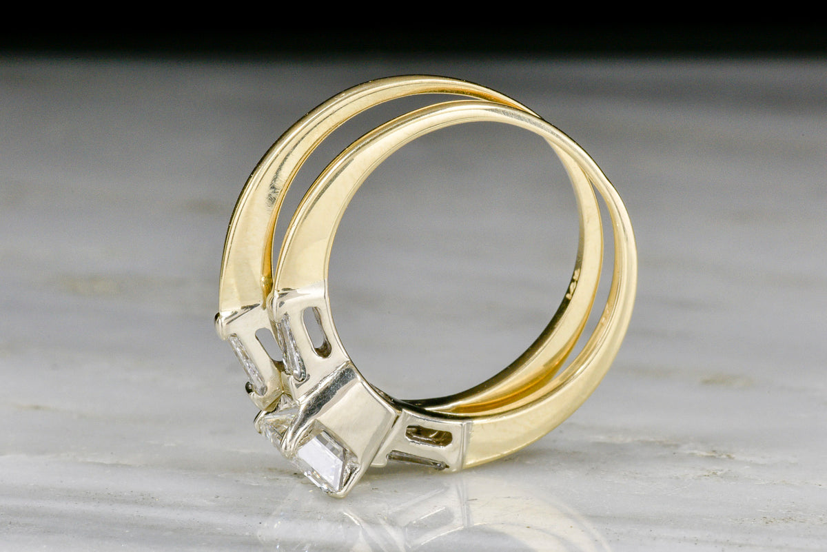 Vintage Midcentury Yellow and White Gold Engagement Ring and Wedding Band Set