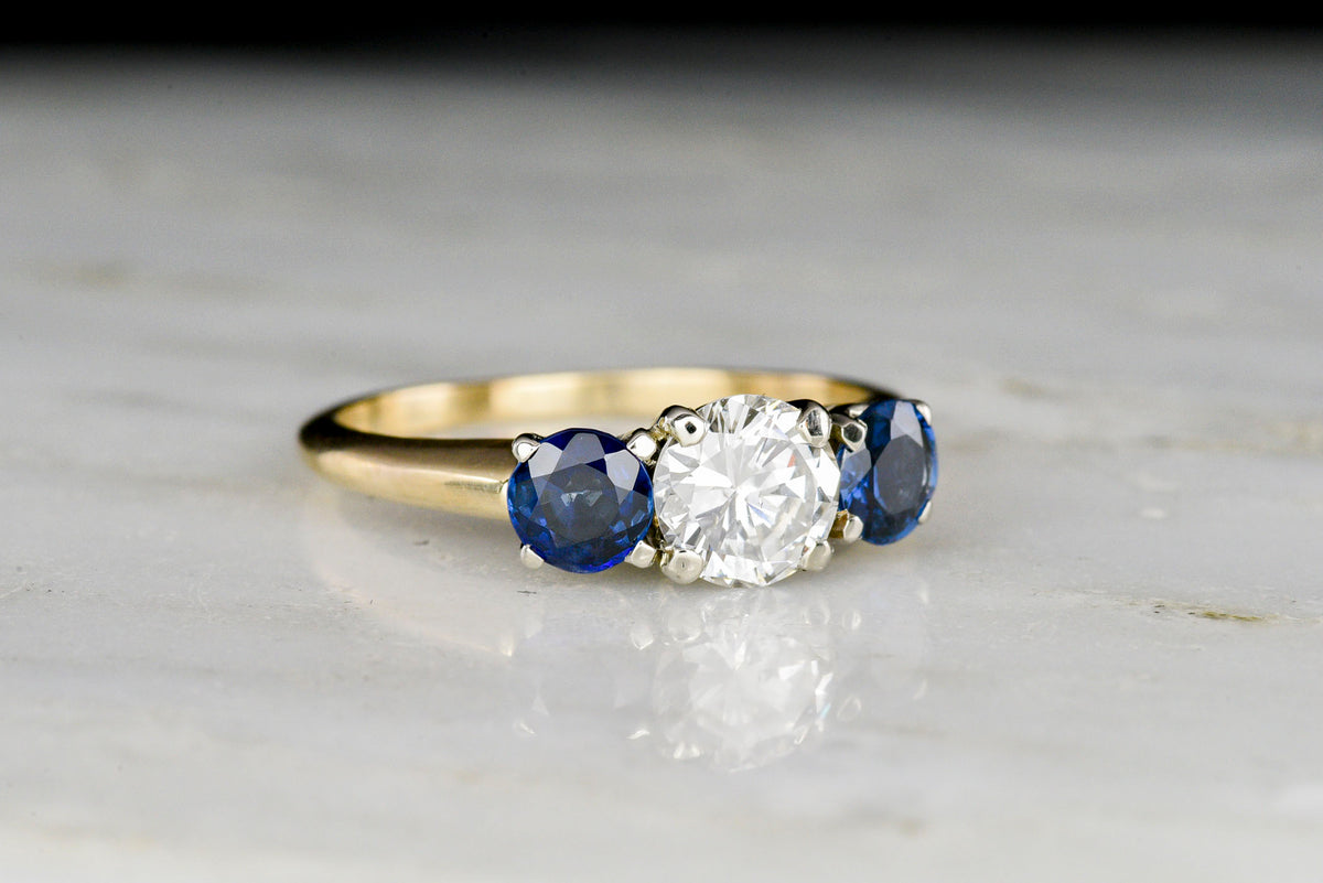 c. Mid-1900s Three-Stone Diamond and Sapphire Ring with a Classic Midcentury Design